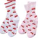 6 Pairs Women Cute Bow Cherry Crew Socks Casual Athletic Cotton Bowknot Cherry Calf Novelty Socks for Women Girls