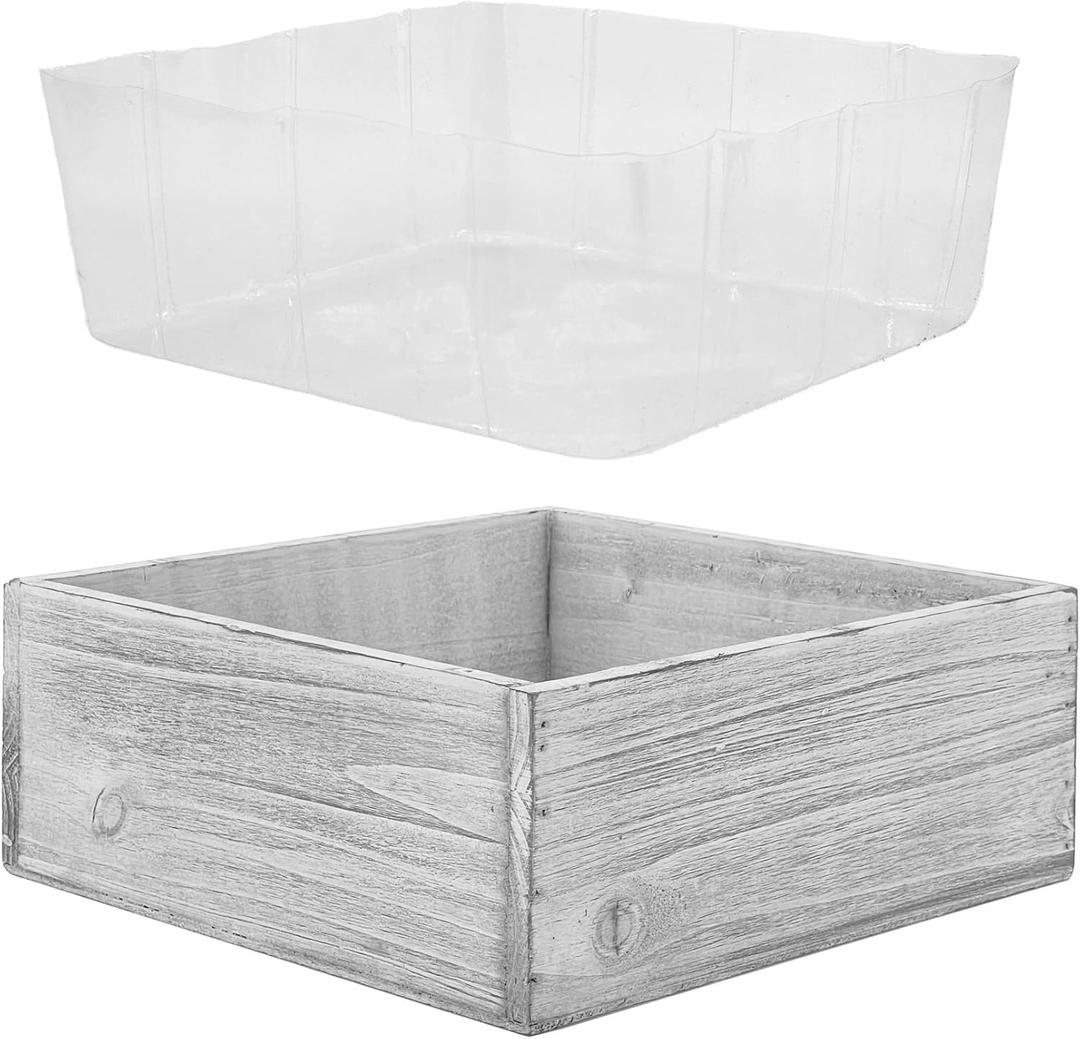CYS EXCEL White Wood Square Planter Box with Removable Plastic Liner (H:4" Open:10"x10") | Multiple Size Choices Wooden Planters | Indoor Decorative Flower Box
