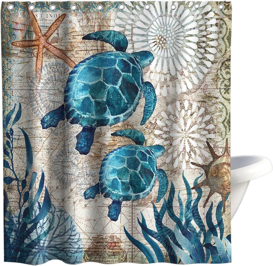 Nautical Blue Sea Turtles Beach Theme Fabric Shower Curtain Sets Bathroom Green Ocean Decor with Grommets and Hooks - 60 x 72 Inch Teal