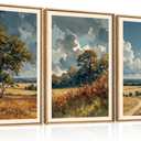 KAIRNE Framed Vintage Watercolor Landscape Wall Art Set of 3, Nature Country Scenery Art Prints, Rustic Farmhouse Wall Decor, Calming Pastoral Paintings for Living Room Bedroom Office, 16x24 Inch