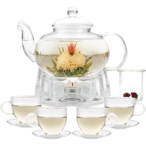 Glass Teapot Set, 34OZ/1000ML Glass Tea Kettle with Loose Tea Infuser & Warmer, 5oz/150ML Tea Cup & Saucer Set of 4, Stovetop & Microwave Safe Tea Maker, Blooming Tea Gift Set For Women