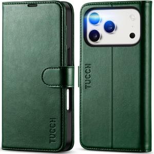 TUCCH Wallet Case for iPhone 17 Pro (6.3") 2025, RFID Blocking 4 Card Slots, Kickstand, Shockproof TPU Shell, PU Leather, Magnetic Closure, Protective Flip Folio Cover, Evergreen