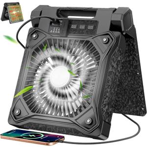 Solar Camping Fan 20000mAh, Solar Powered Fan with LED Lantern, Upgrade 9W Rechargeable Battery Operated Fans for Outside, 4 Speeds, 8H Timer and Quiet Battery Powered Solar Tent Fans for Outdoor (Black)