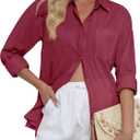 CUNLIN Women's Button Down Shirts Long Sleeve Cotton Summer Beach Wear for Women with Pocket (Medium, 50086_burgundy)