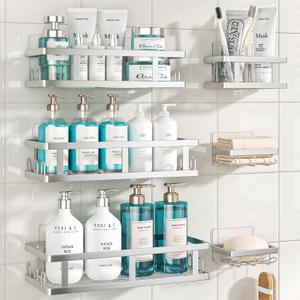 Youvip Shower Caddy 6 Pack, Adhesive Shower Shelves with Soap Holder, No Drilling Rustproof Large Capacity Bathroom Organizers and Storage, Silver