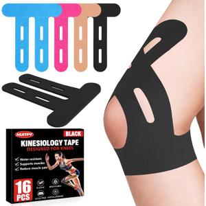 16 Pcs Kinesiology Tape for Knees, Pre Cut Knee Support & Stability, Elastic, Breathable, Latex-Free Pain Relief Athletic Tape for Knee - Black