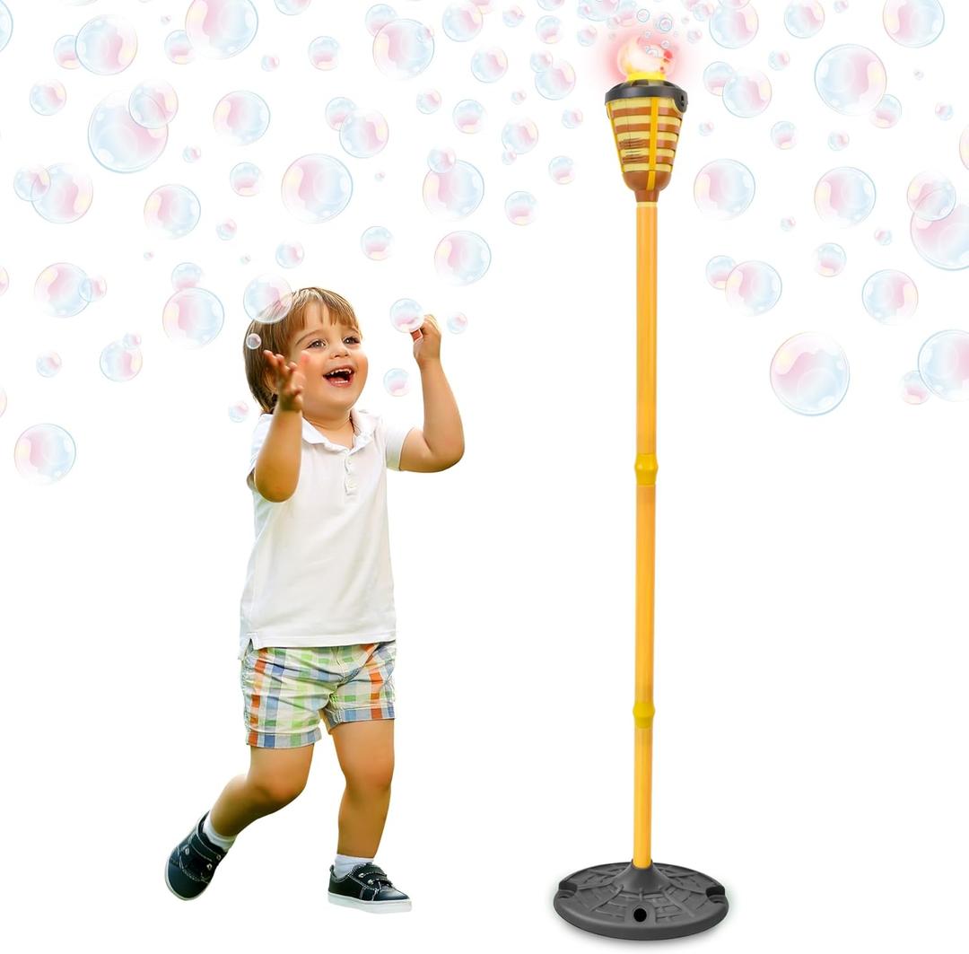 Tiki Torch Bubbler - Summer Pool Party Bubble Machine with Lights and Music, Bubble Blower and Wand, Rechargeable Outdoor Toy for Kids Teens Birthday Party, 4 Feet Tall, Includes 4oz Bubble Solution