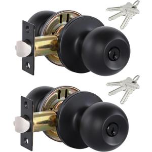 Lanwandeng 2 Pack Entry Door Knobs with Lock and Keys All Alike, Interior/Exterior Door Knob for Bedroom or Bathroom, Entrance Matte Black Door Locks
