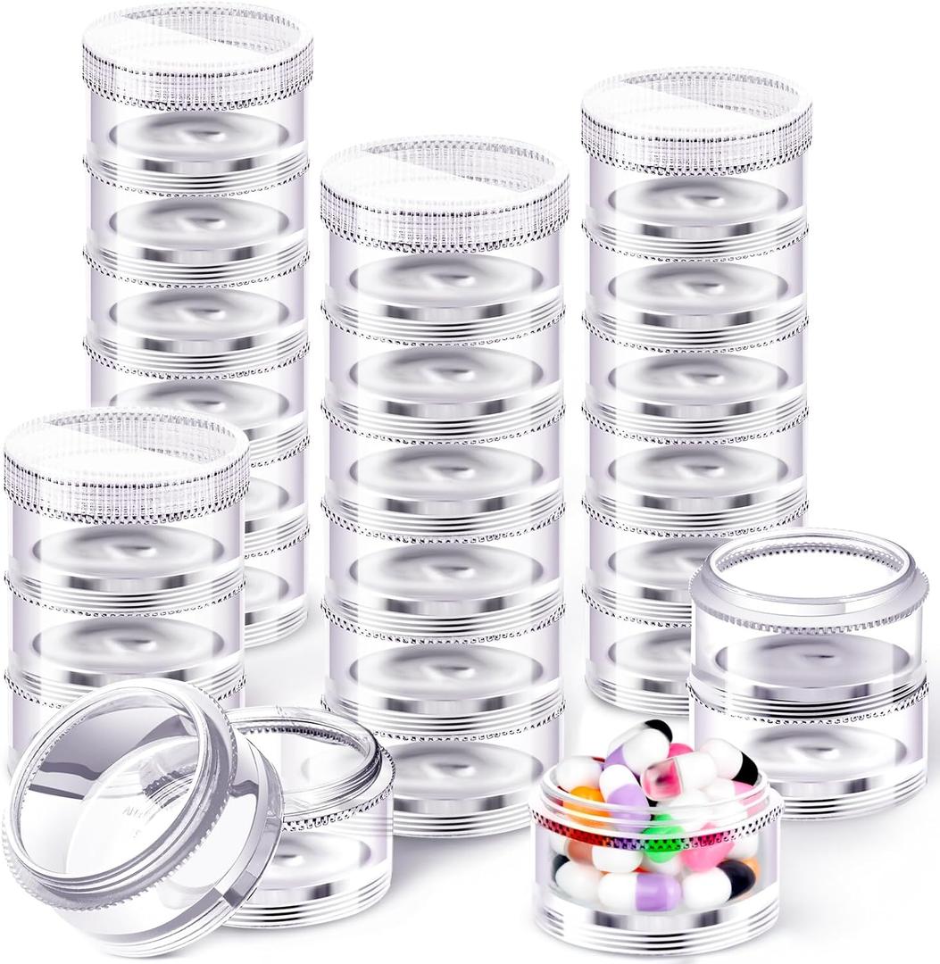 Sieral 4 Pack 7 Day Stackable Pill Organizers Round Pill Organizer Case Stackable Weekly Supplements Vitamins Individual Storage Container Boxes Holder Dispenser with Lids for Travel Medicine, Clear