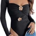 OYOANGLE Women's Metallic 3D Floral Long Sleeve Sweetheart Neck Bodysuits Fitted Going Out Bodysuit Tops Black Large