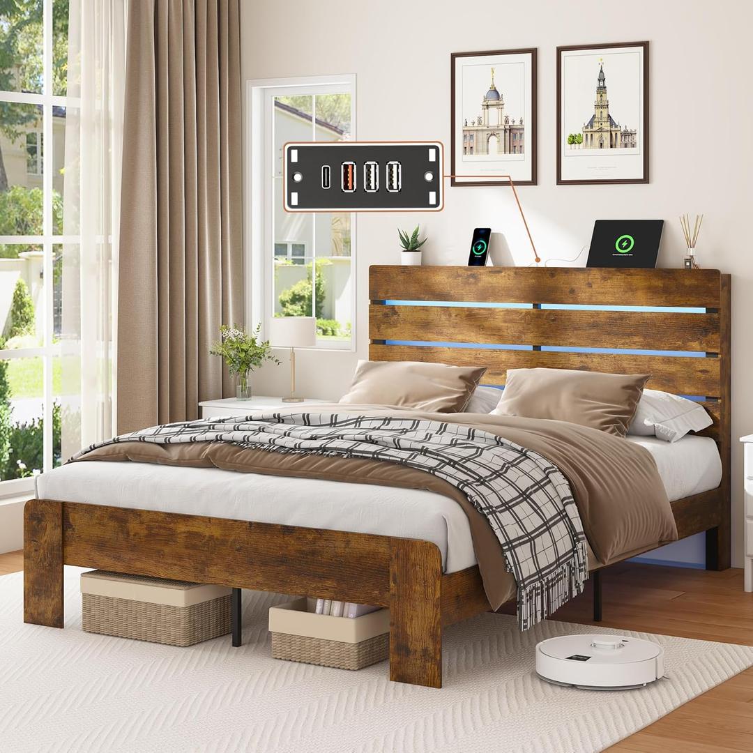 Bellemave Rustic Queen Size Bed Frame with Charging Station and Headboard, Wooden Platform Bed Frame Queen Size with LED Lights and Wood Slats, Easy Assembly, Rustic Brow