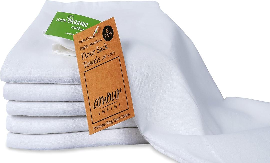 AMOUR INFINI White Organic Cotton Flour Sack Kitchen Towels Pack of 6 - Tea Towel for Embroidery and Drying Glass, Dinnerware - Lint Free & Highly Absorbent Flour Sack Dish Towel (28x28 Inch)