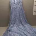 Women's Sleeveless Embellished V Neck Lace Back Tulle Gown, Size 7/8 