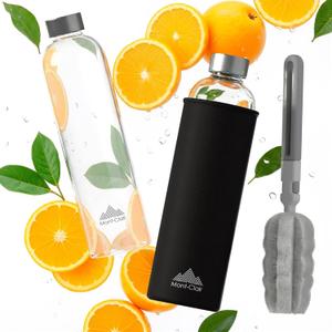 Mont-Clair Kristal Borosilicate Glass Water Bottle 34 oz with Neoprene Sleeve - Leak Proof + BPA Free - Hot & Cold Drinks - Ideal for Adult, Kids, Travel, Sports, Gym, Running - Black (33.8 Ounces)