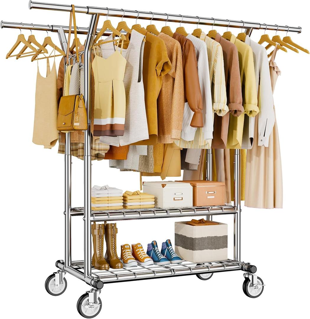 HYSEYY Heavy Duty Clothes Rack, Rolling Clothing Rack With Shelves Load 620 LBS, Double Rod Clothing Racks for Hanging Clothes, Portable& Adjustable Clothes Rack with Wheels Garment Rack (Sliver)