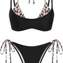 ZAFUL Women's Polka Dot Bikini Set Double Layer Halter Swimsuit Colorblock Side Tie 2 Piece Bathing Suit 0-Black Leopard M (Black, M)