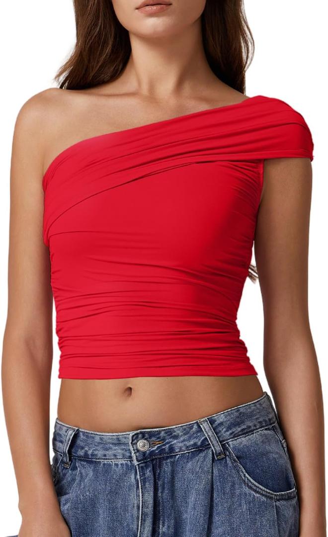 QINSEN Women's One Shoulder Sleeveless T-Shirt (Red)