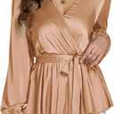 LYANER Women's Satin Silky Wraped V Neck Waist Tie Pleated Long Sleeve Blouse Shirt Top (Beige) L