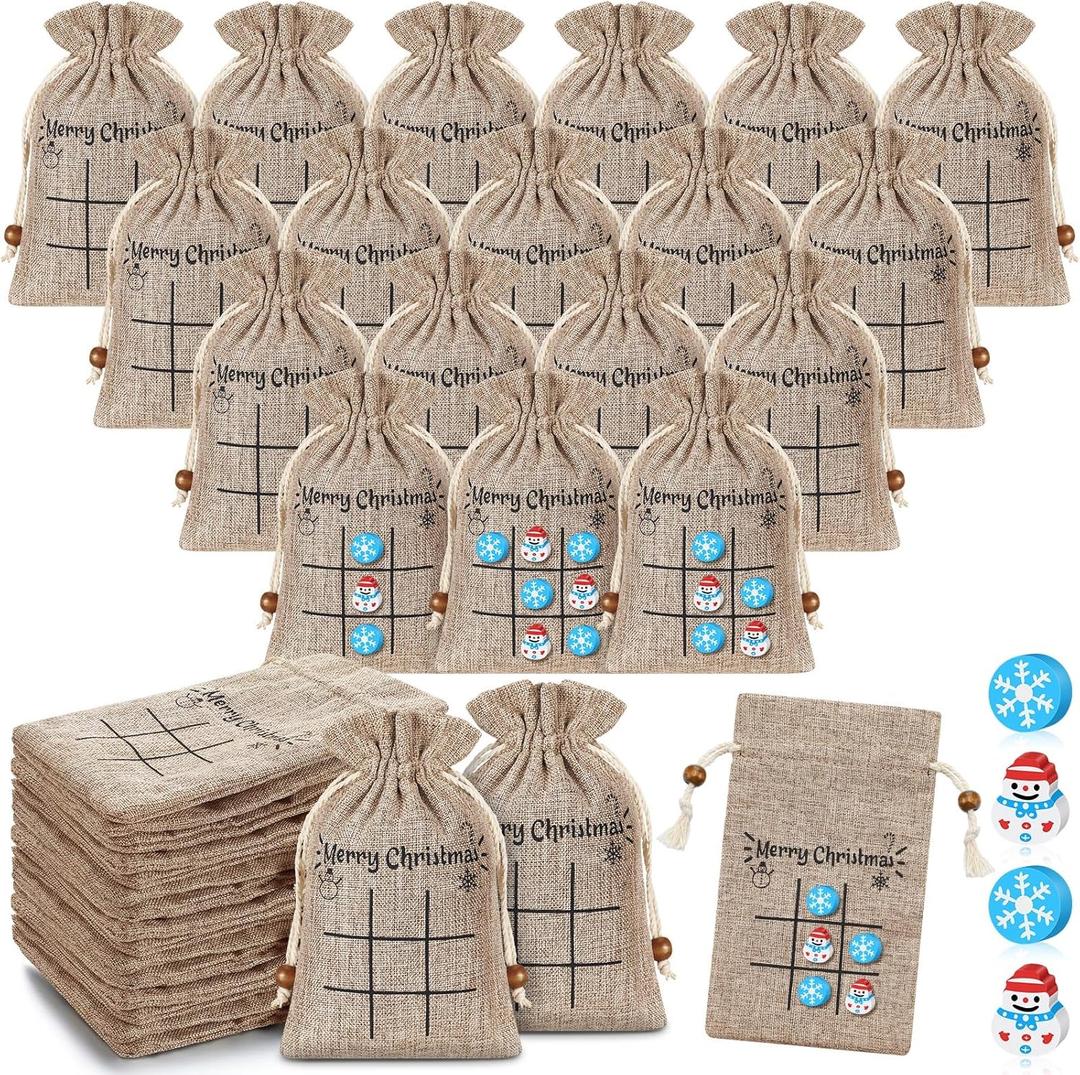 Windyun 100 Set Christmas Tic Tac Toe Game Bulk Xmas Board Game 3.94 x 5.91 Burlap Drawstring Bag Gifts for Games Party(Snowman)