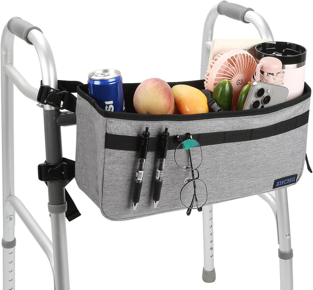 Walker Basket for Seniors, Walker Accessories, Folding Walker Bag with Large Capacity & Never Tipping Over, Best Gift- Gray (Not Fit Rollator Walkers)