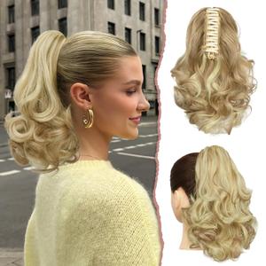 SOFEIYAN Ponytail Extension 11 inch Claw Clip Ponytail Hair Extensions Long Curly Wavy Ponytail Fluffy Clip on Pony Tails Synthetic Hairpiece for WomenLight Ash Brown & Bleach Blonde