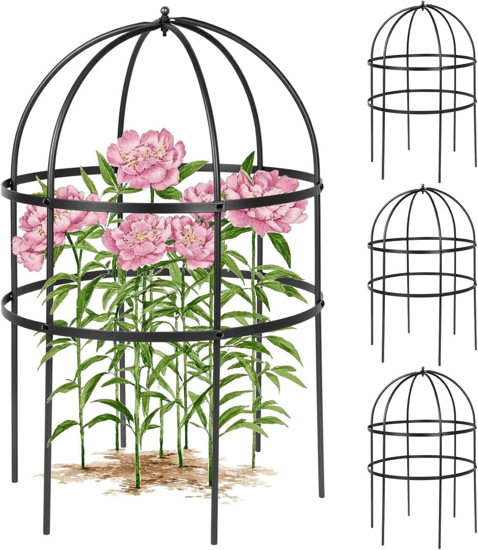 4 Pcs Jardin Bird Cage Plant Support 24" H Large Sturdy Grow-Through Flower Support Peony Cage Climbing Plant Support Trellis Sculptural Garden Decor for Perennial Flowers (Black)