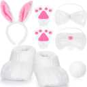 Vicenpal 8 Pieces Easter Rabbit Costume Set Bunny Shoes Headband Nose Tail Bow Tie Gloves Plush Bunny Costume Accessory for Halloween Cosplay, White Pink