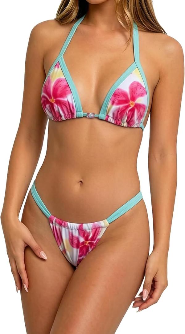 Thong Bikini Set for Women Triangle High Cut Cheeky Bathing Suit for Beach Pool Summer Swimwear (Blue, M)