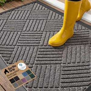 GORILLA GRIP 100% Waterproof All-Season WeatherMAX Doormat US Designed Natural Rubber, Stain Fade Resistant, Low Profile Indoor Outdoor Door Mats, Easy Clean, 29x17 Gray Diamond