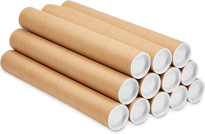 Stockroom Plus 12 Pack Brown Round Cardboard Mailing Tubes with Caps for Shipping, Packing, Art Prints, Maps, and Blueprints - 2 x 15 in Poster Tubes for Mailing