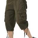 Mens Long Cargo Shorts Elastic Waist Stretch Twill Cotton 3/4 Multi Pockets Below Knee Cargo Shorts for Men (Green)