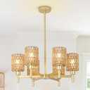 6-Lights Gold Chandelier Light Fixture - Boho Rattan Chandeliers for Dining Room, Farmhouse Kitchen Lighting Fixtures Ceiling, Hanging Pendant lights for Kitchen Island Bedroom Living Room Nursery