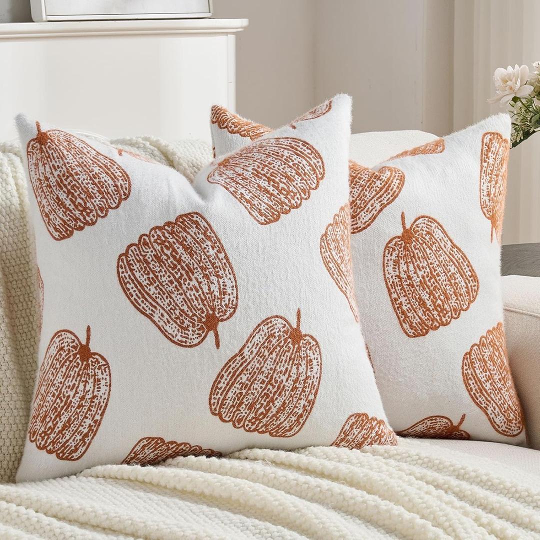 FUTEI Fall Pumpkins Throw Pillow Covers 18x18 Inch Set of 2,Soft Faux Cashmere Cushion Case for Autumn Thanksgiving Holiday Home Decorations (Whiteburnt Orange Pumpkins)