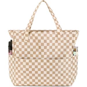 Bluboon Waterproof Beach Tote Pool Bags for Women Ladies Extra Large Carry On Bag With Wet Compartment for Weekender Travel (Checked Brown White)