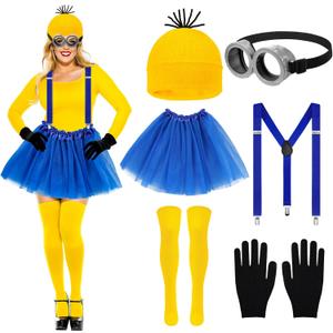 Halloween Costume Accessories Set Adult Women Goggles/Yellow Beanie/Blue Skirt/Suspenders/Gloves/Stockings for Halloween Cosplay Dress Up