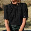 PRETTYGARDEN Summer Tops for Women 2026 Short Sleeve Embroidered Eyelet Shirts Dressy Casual Blouses Spring Fashion Clothes (Black, L)