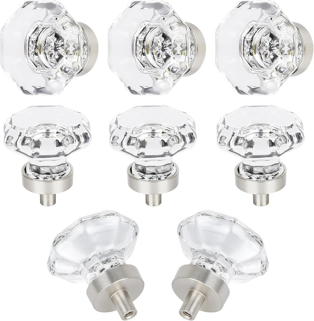 8 PCS Glass Crystal Dresser Cabinet Knobs Brushed Nickel, Octagon Knobs and Pulls for Dresser Drawers, Bathroom Kitchen Cabinet Drawer Knobs Set, LS-014