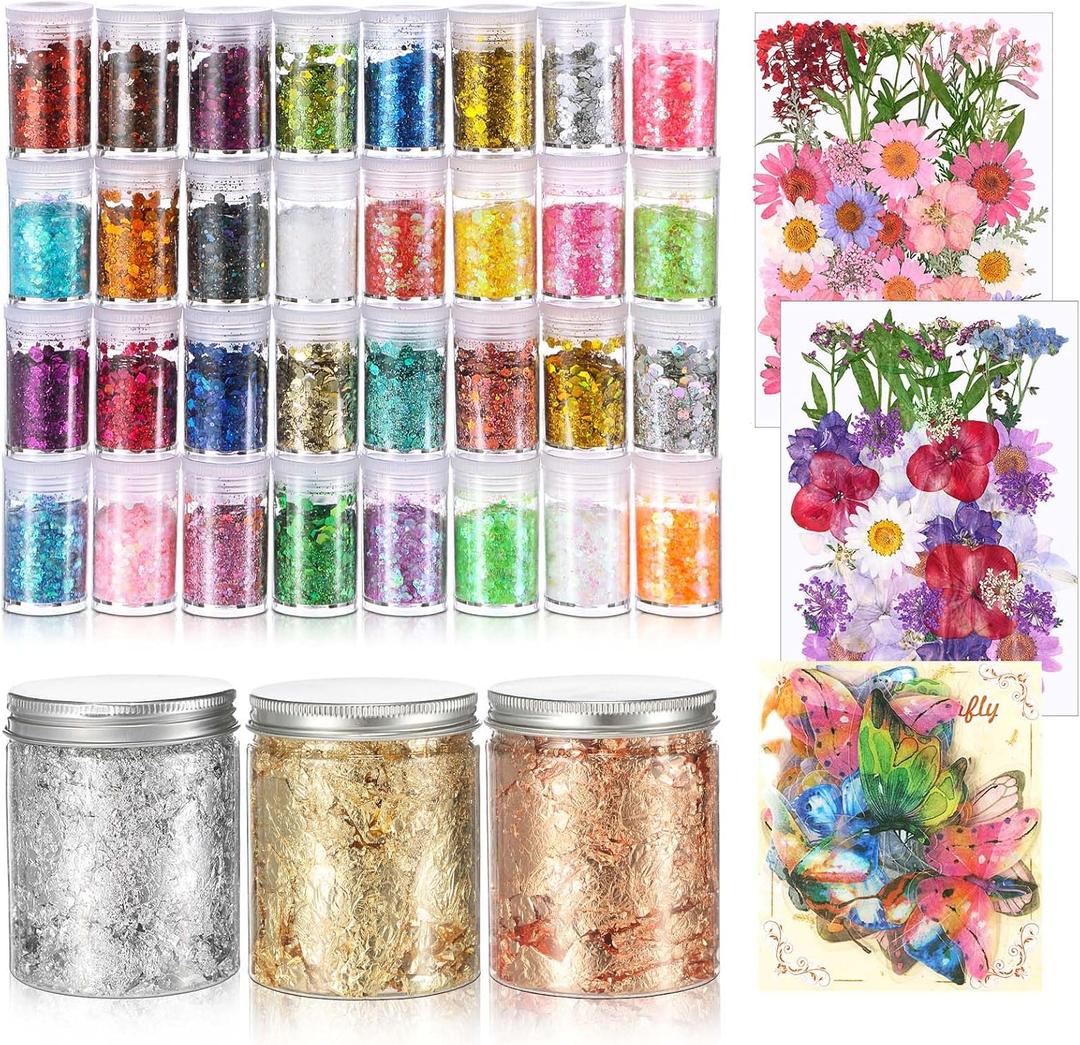 Daifunli 152 Pcs Holographic Chunky Glitter, Gold Foil Flakes, Dried Pressed Flowers and Double-Sided Faux Butterfly Epoxy Resin Jewelry Molds Kit for DIY Art and Crafts Candle Soap Jewelry Making
