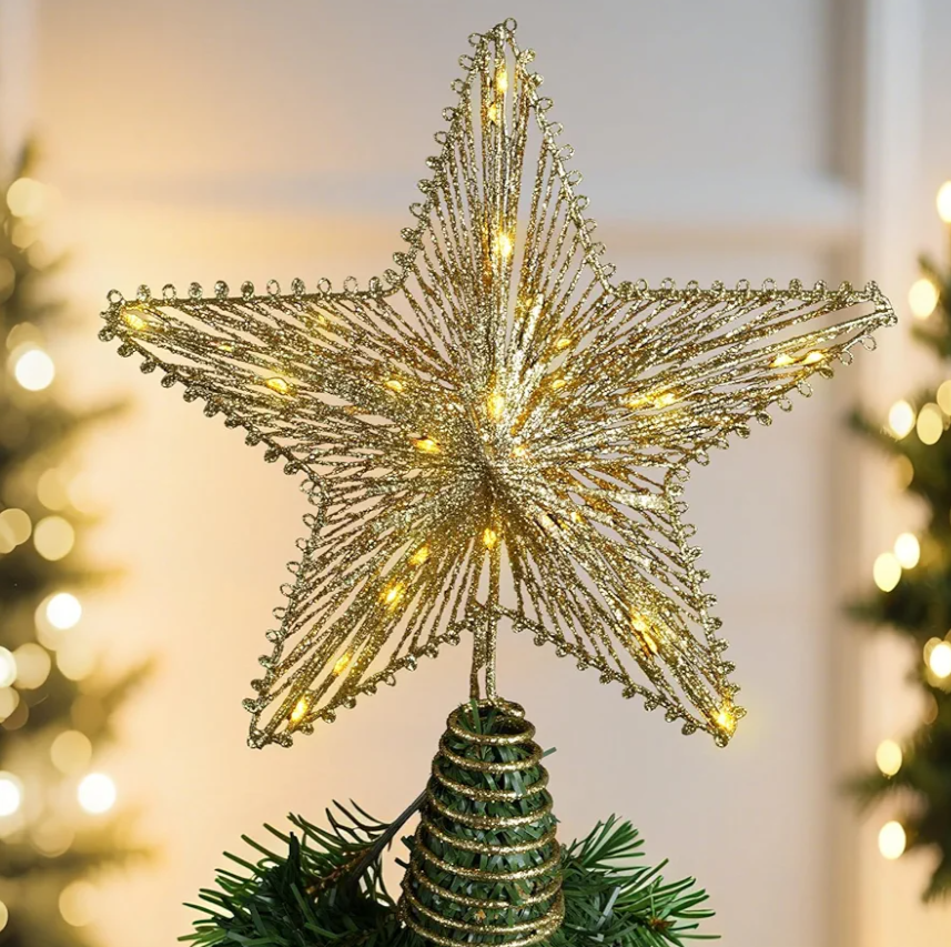 Christmas Tree Topper Star 12 Inch Gold Glitter Hollow Star Tree Topper Metal with Warm White 30 LED Lights for Xmas Decorations Ornaments Indoor Decor Holiday Party