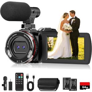 4K Wedding Camcorder, 64MP UHD Vlogging Camera with Wireless Lavalier Microphone, 120° Wide Angle 18X Digital Zoom, Remote, 64GB Card & 2 Batteries, for Family Wedding Memories