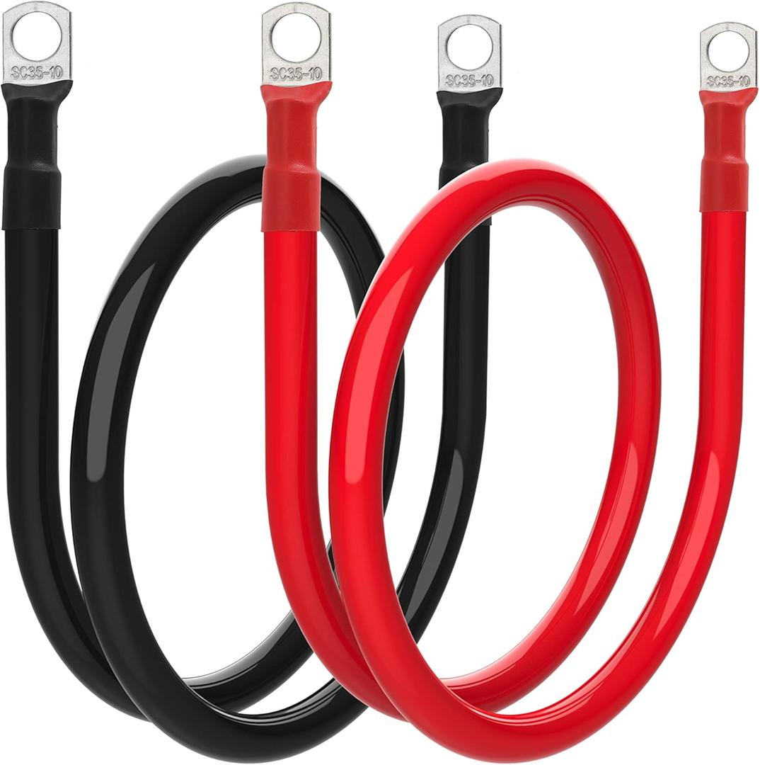 2 AWG Battery Cable 2 Gauge Battery Inverter Cables with 3/8 in Lugs Pure Copper Power Inverter Wire Set for Solar Marine Boat RV Car Motorcycle (3FT, 1 red +1 black cable)