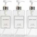 Modern Design Shampoo and Conditioner Dispenser, Large 27oz Shower Soap Dispenser, Set of 3 Refillable Empty Plastic Pump Bottles for Bathroom, 6 Waterproof Labels Included, (Clear & Silver)
