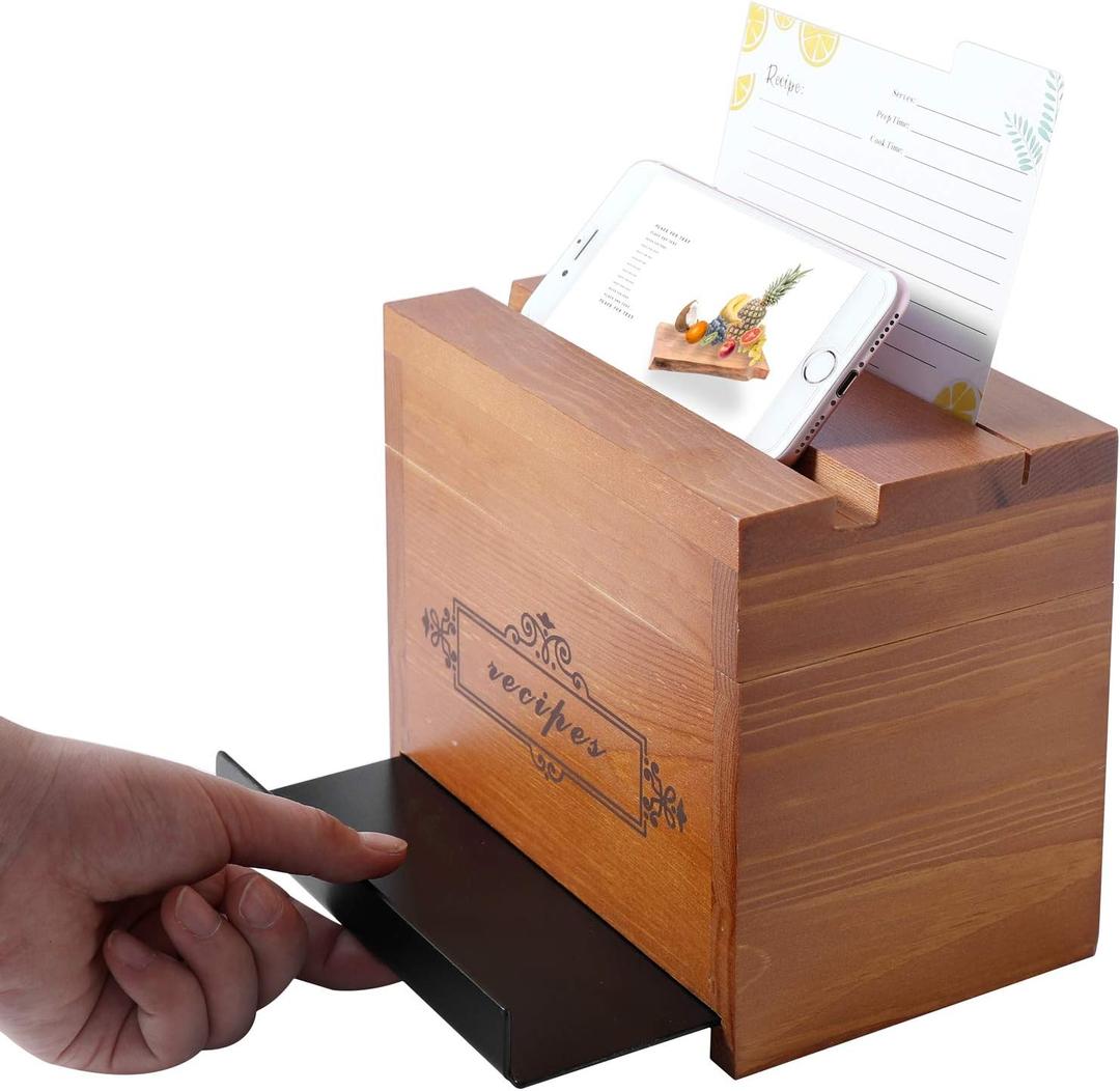 WELLAND Wood Recipe Box with 4 x 6 Inches Cards, Phone Slot on the Top, Pull-out iPad Holder Stand, Card Dividers with Tap