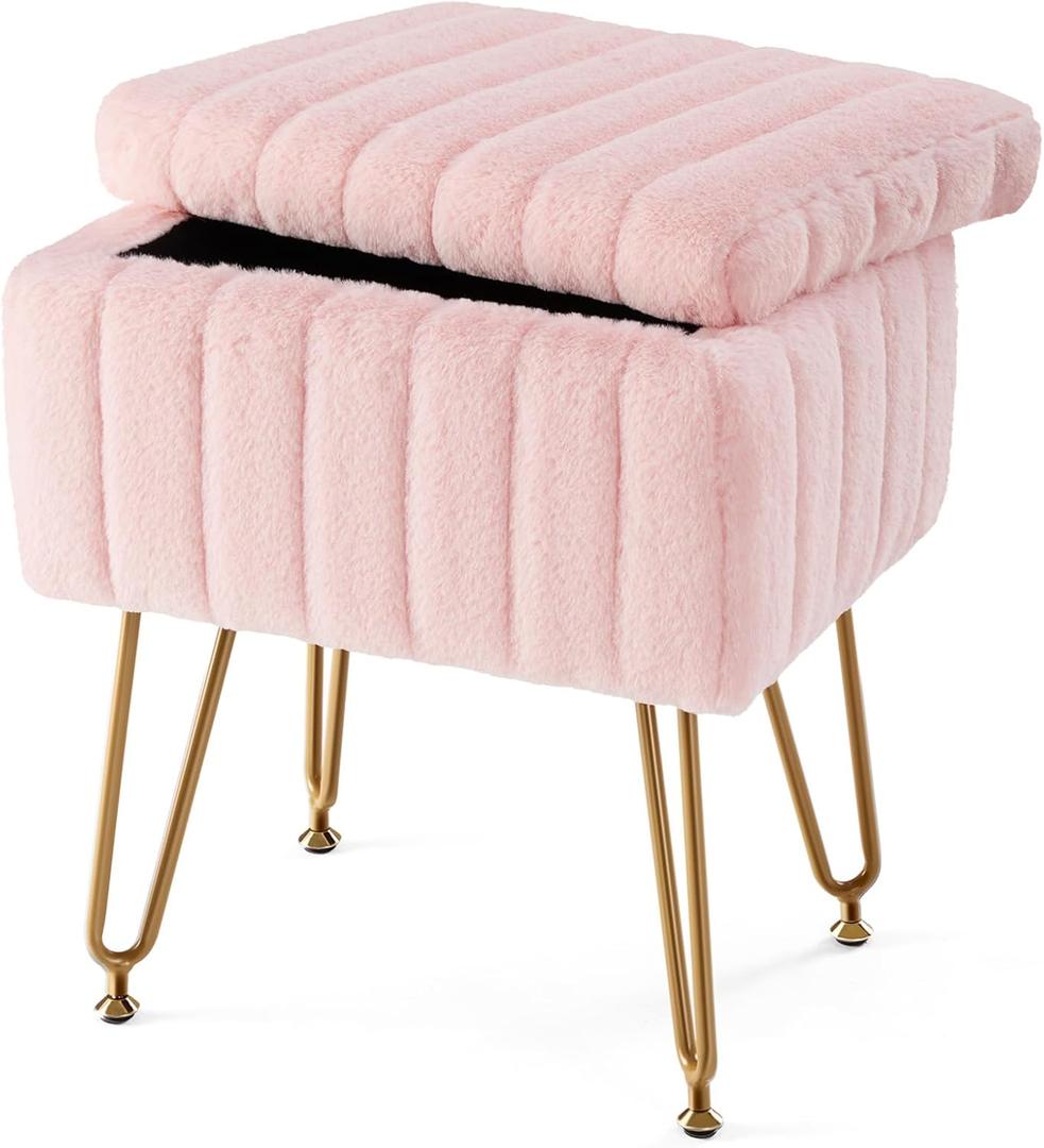 Sweetcrispy Vanity Stool Chair with Storage, 18.9H x 16L x 12.2W Ottoman Chair Faux Fur Soft Padded Makeup Footstools Seat with 4 Metal Legs Anti-Slip Adjustable Feet for Make Up, Pink