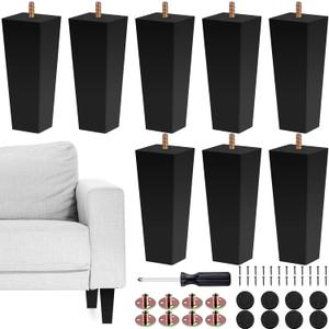 TURSTIN Set of 8 Furniture Legs 6 Inch Square Solid Wood Couch Legs Replacement Sofa Legs Mid Century Furniture Feet for Armchair Bed Dresser Cabinet Include Installation Hardware, Black