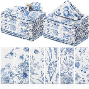 Cloth Napkins 15 x 15 Inch Reusable Soft Fabric Napkins Washable Plants Floral Square Napkin Cotton Dinner Towel Decorative for Summer Fall Party(Blue White Flower,24 Pcs)
