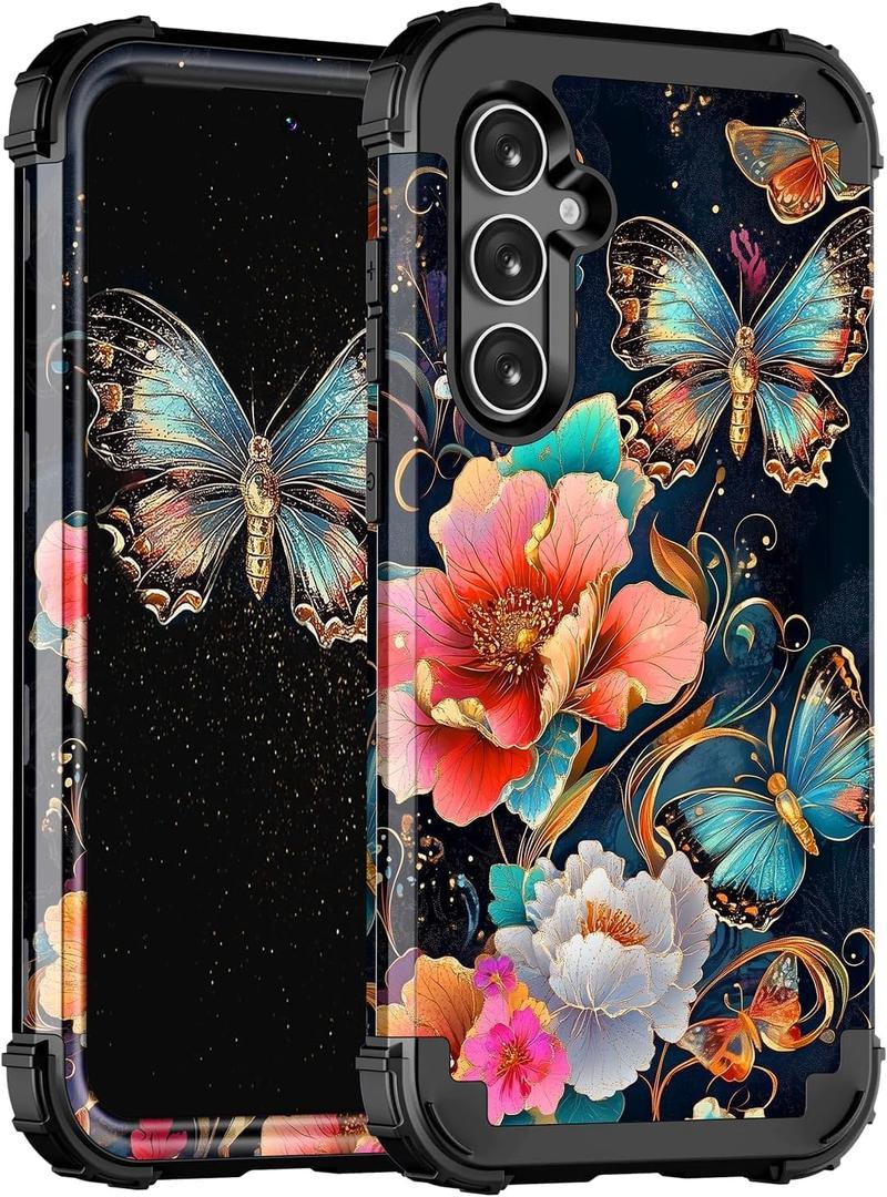 Hekodonk for Galaxy S25 FE Case, Three Layer Heavy Duty Shockproof Protection Hard Plastic + Soft Silicone Full Body Drop Protective Case for Samsung Galaxy S25 FE 6.7 inch, Black Butterfly