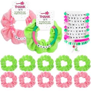 FineCheer 10 Sets Green and Pink Witch Gift for Girls Friendship Magic Bracelet and Scrunchie Bulk for Teen Themed Birthday Party Inspirational Thank You Gifts(Witch Theme)