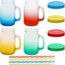 16 oz Glass Mason Jars with Handles Set Of 4 Colored Frosted and Metal Lids and Hard Plastic Straws Drinking Glasses Cups Mug Set for Iced Coffee, Tea