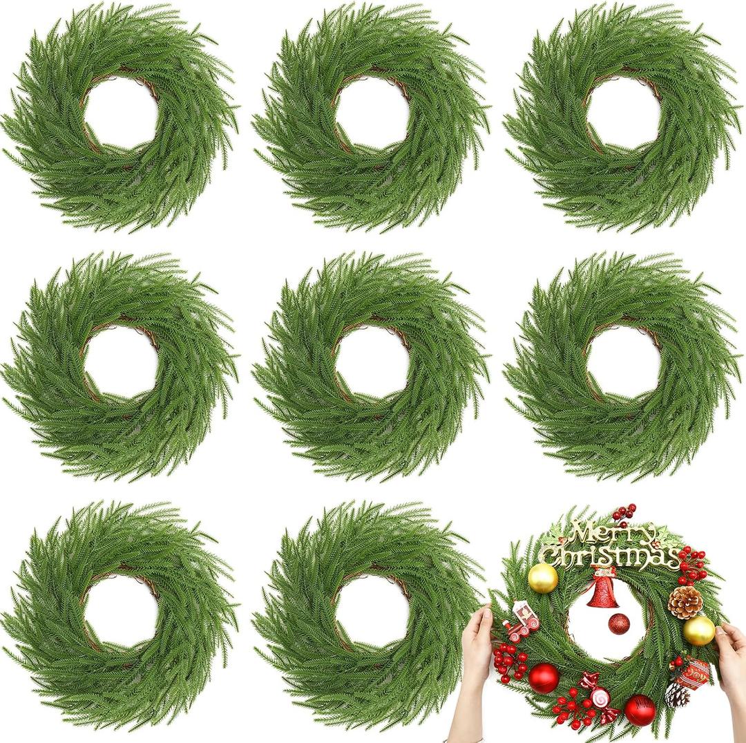 8 Pcs 14" Christmas DIY Green Wreath Artificial Wreath, Norfolk Pine
